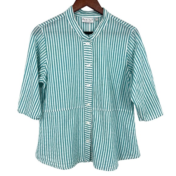 Habitat Tops - Habitat Womens Size Small Teal Stripe Gauze Blouse Shirt Top Short Sleeve Art